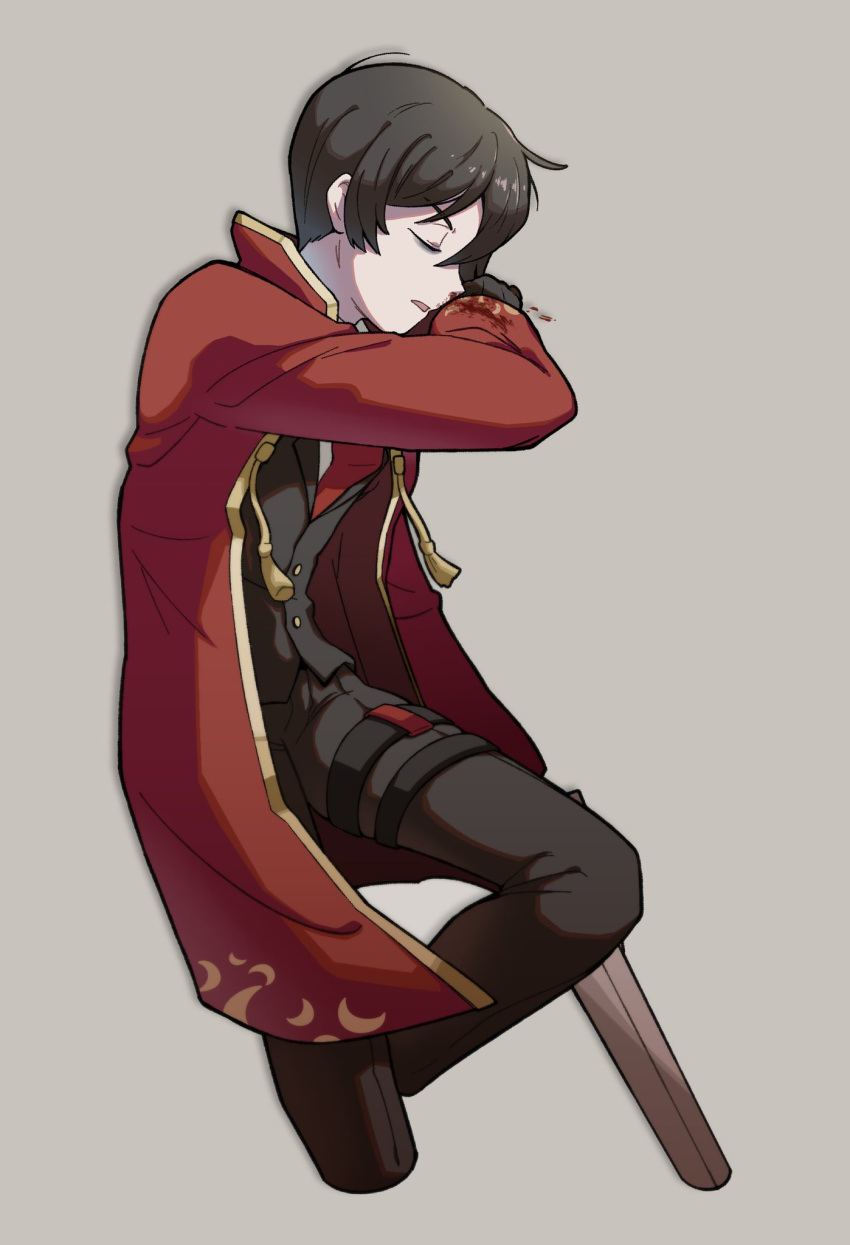 1boy, black_hair, black_pants, black_vest, blood, closed_eyes, collared_shirt, cowboy_shot, gold_trim, highres, jacket, limbus_company, liu_association_(identity)_(project_moon), long_sleeves, necktie, open_mouth, pants, project_moon, red_jacket, red_necktie, shirt, solo, thigh_strap, uuu_(gyojamandu), vest, white_shirt, wiping_blood, yi_sang_(project_moon)