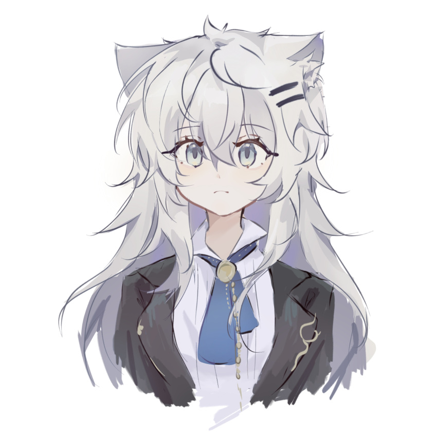 1girl, animal_ears, arknights, ascot, black_jacket, blue_ascot, grey_eyes, grey_hair, hair_ornament, hairclip, highres, jacket, lappland_(arknights), long_hair, looking_at_viewer, open_clothes, open_jacket, shirt, solo, su:3, upper_body, very_long_hair, white_shirt, wolf_ears