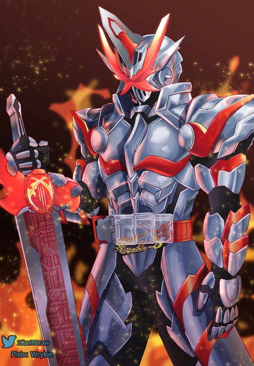 1boy, absurdres, armor, brown_background, cowboy_shot, fire, gradient_background, highres