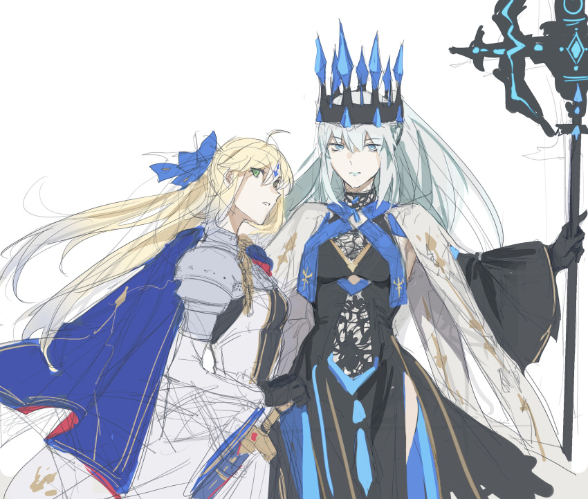 2girls, artoria_caster_(fate), artoria_caster_(third_ascension)_(fate), artoria_pendragon_(fate), black_dress, black_gloves, blonde_hair, blue_eyes, blue_lips, bow, crown, dress, fate/grand_order, fate_(series), gloves, green_eyes, hair_between_eyes, hair_bow, highres, lipstick, looking_at_viewer, makeup, morgan_le_fay_(fate), morgan_le_fay_(queen_of_winter)_(fate), moxiayuji, multiple_girls, polearm, simple_background, spear, spikes, standing, weapon, white_hair