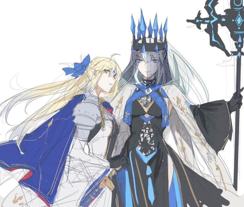 2girls, artoria_caster_(fate), artoria_pendragon_(fate), black_dress, black_gloves, blonde_hair, blue_eyes, blue_lips, bow, crown, dress, fate/grand_order, fate_(series), gloves, green_eyes, hair_between_eyes, hair_bow, highres, lipstick, looking_at_viewer, makeup, morgan_le_fay_(fate), morgan_le_fay_(queen_of_winter)_(fate), moxiayuji, multiple_girls, polearm, ponytail, spear, spikes, standing, veil, weapon, white_hair