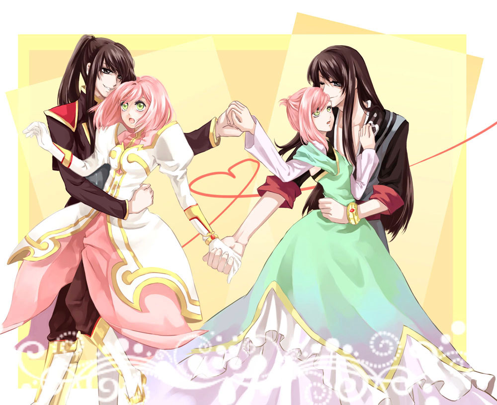 2girls, black_eyes, black_hair, boots, bracelet, cat_princess, couple, dress, dual_persona, estellise_sidos_heurassein, gloves, green_eyes, hands, holding, hug, jewelry, long_hair, multiple_girls, pants, payot, pink_hair, ponytail, princess, short_hair, smile, tales_of_(series), tales_of_vesperia, wink, yuri_lowell