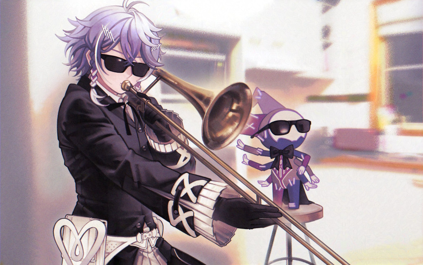 1boy, black_gloves, black_jacket, black_ribbon, braid, gloves, hair_ornament, hairclip, highres, holostars, holostars_english, instrument, jacket, male_focus, meme, music, neck_ribbon, octavio, playing_instrument, poppet_(octavio), purple_hair, ribbon, short_hair, sunglasses, t0mir4, trombone, twin_braids, when_mama_isn't_home_(meme)