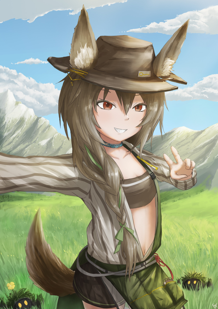 1girl, absurdres, animal_ears, arknights, bandeau, beanstalk_(arknights), beanstalk_(elite_ii)_(arknights), black_shorts
