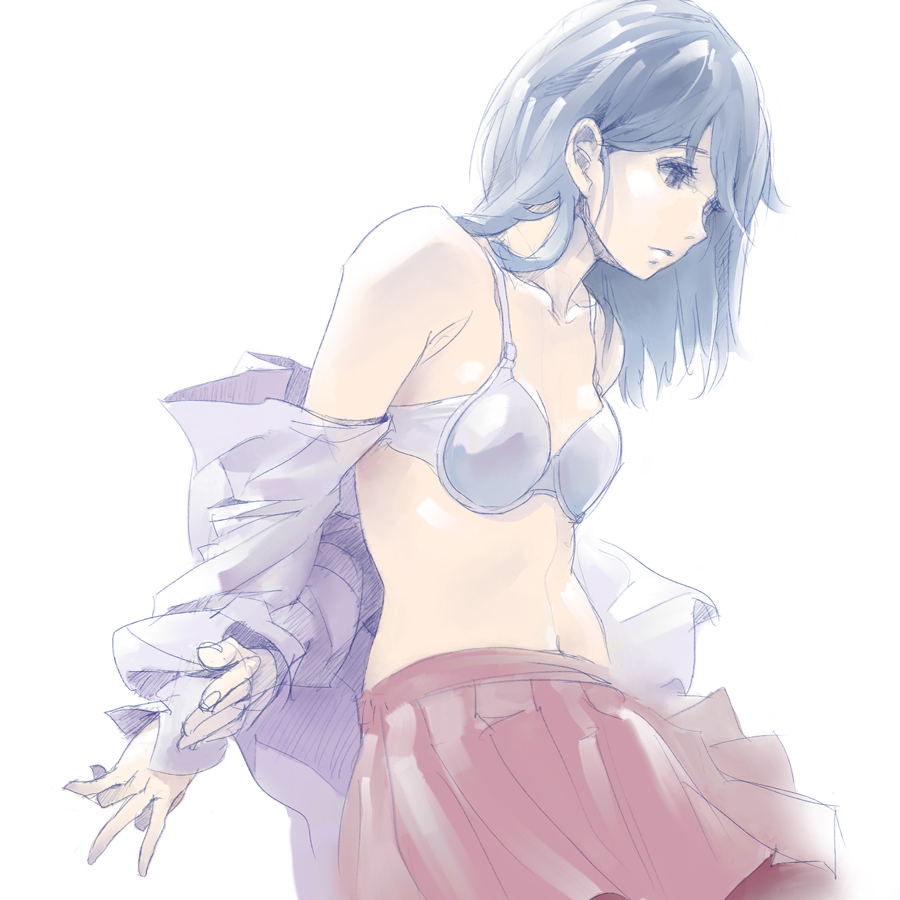 arms_behind_back, bad_id, bare_shoulders, black_eyes, black_hair, bra, dressing, expressionless