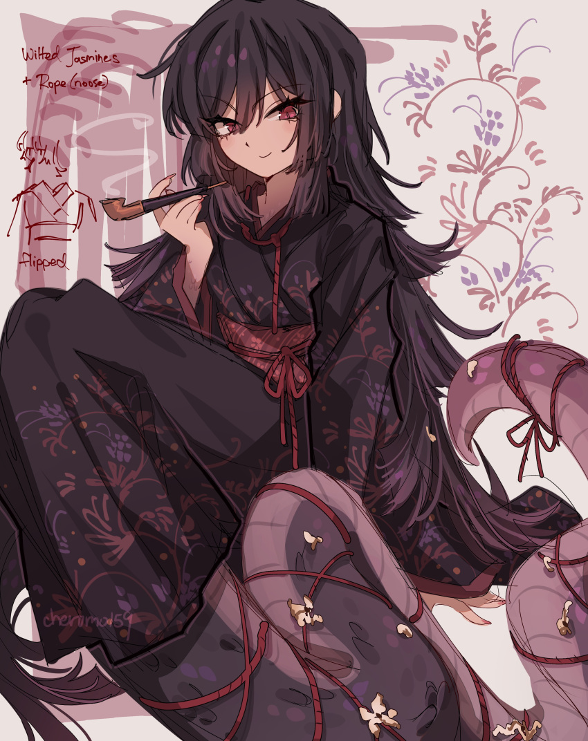 1girl, absurdres, black_hair, black_kimono, cheromo159, english_commentary, fingernails, highres