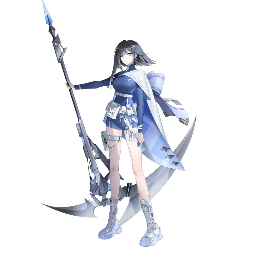 abigail_(black_survival), black_survival, blue_bodysuit, bodysuit, boots, cape, eternal_return:_black_survival, green_eyes