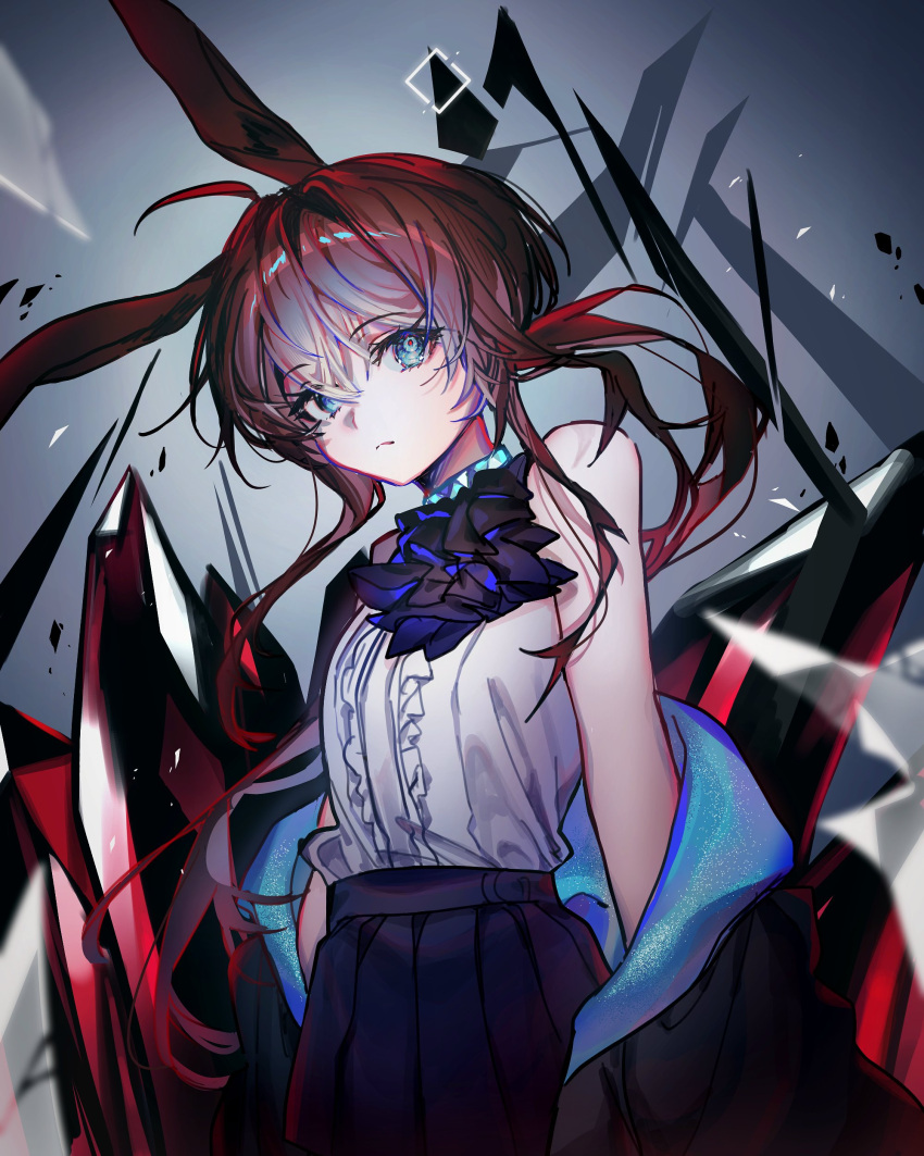 414_(hncx3355), absurdres, amiya_(arknights), animal_ears, arknights, blue_eyes, brown_hair, chromatic_aberration, crystal, detached_sleeves, highres, jacket, looking_at_viewer, skirt, spotlight, upper_body