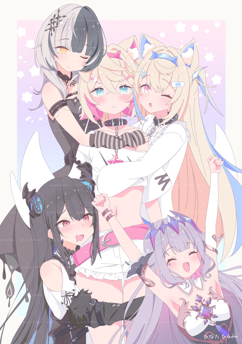 4girls, absurdres, animal_ear_fluff, animal_ears, bandaid, bandaid_hair_ornament, belt, belt_collar