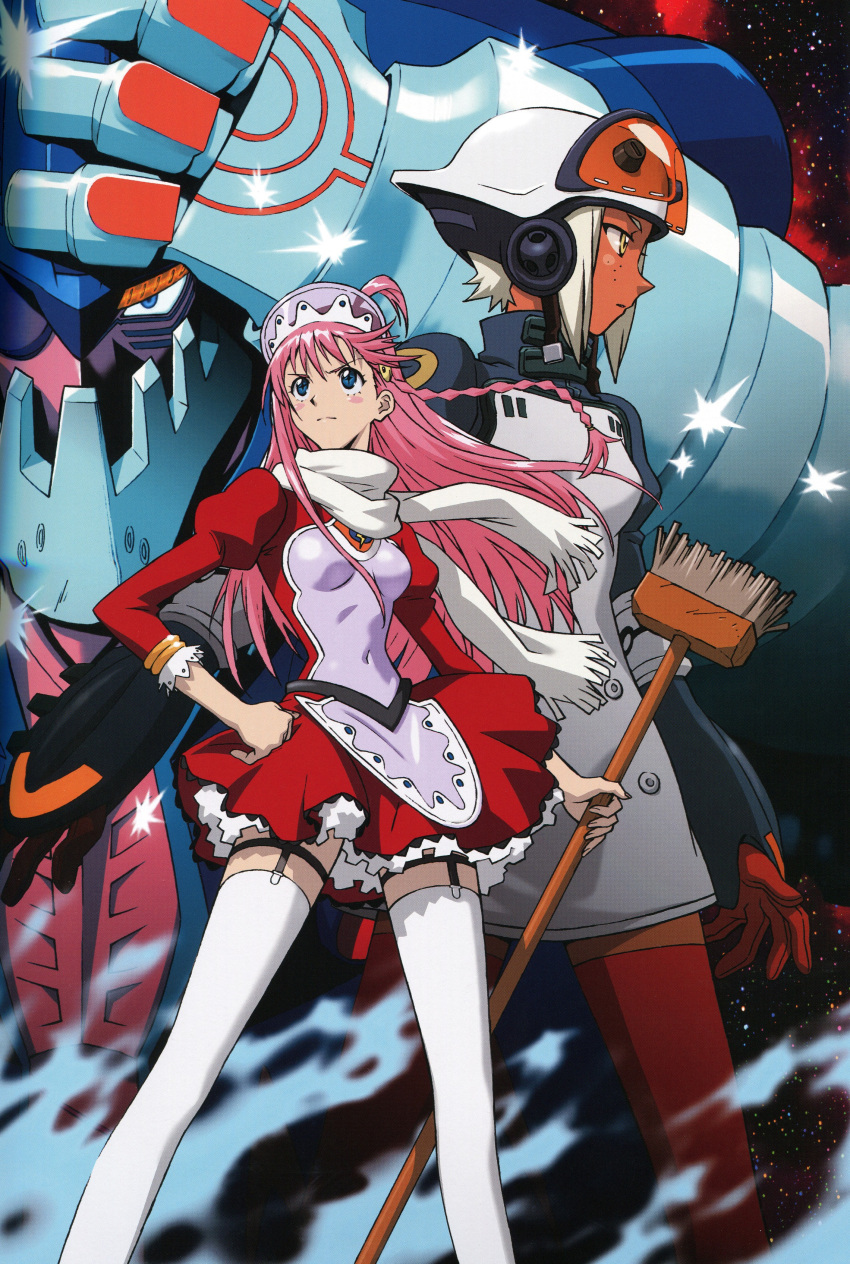 +_+, absurdres, ahoge, blue_eyes, broom, buster_machine_7, dark_skin, diebuster