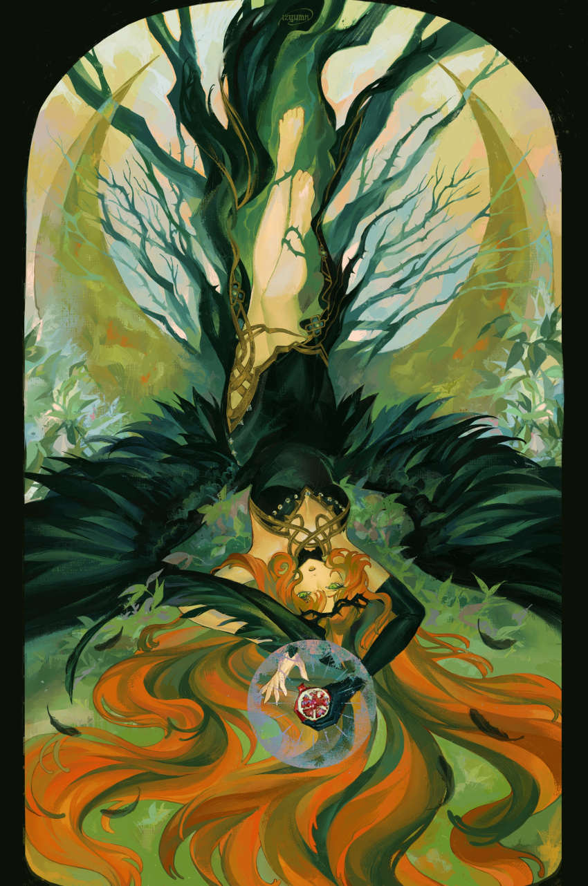 1girl, absurdres, arms_up, bare_legs, barefoot, black_border, black_dress, black_gloves, border, crescent, dress, druvis_iii, druvis_iii_(shrouded_in_thorns), elbow_gloves, food, fruit, full_body, gloves, green_eyes, hair_spread_out, highres, holding, holding_food, holding_fruit, izyumn, leg_up, legs_up, long_dress, long_hair, lying, official_alternate_costume, on_back, on_grass, orange_hair, plant, reverse:1999, single_glove, sleeveless, sleeveless_dress, solo, thorns, upside-down, very_long_hair