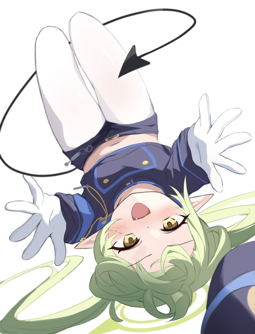 1girl, blue_archive, blush, breasts, demon_tail, fang, gloves, green_hair