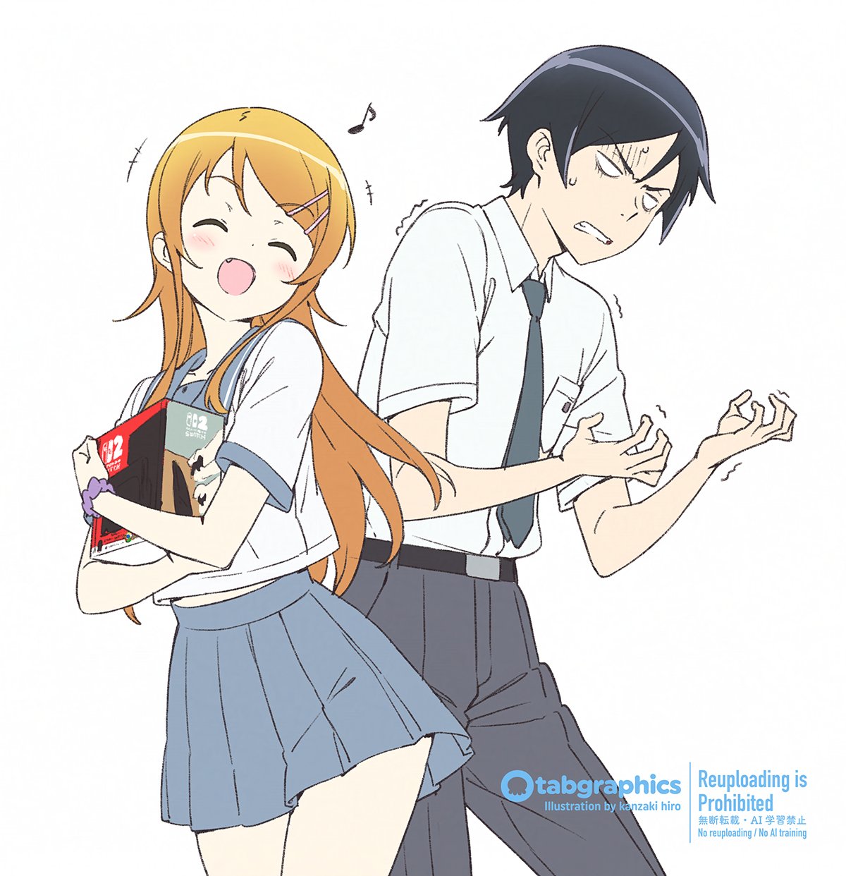 1boy, 1girl, box, brother_and_sister, closed_eyes, fang, hair_ornament, hairclip
