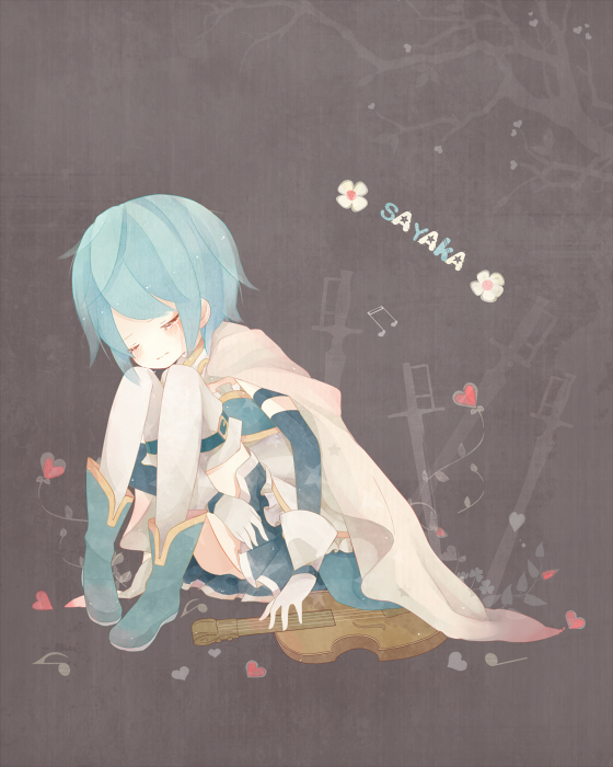 blue_hair, cape, closed_eyes, eyes_closed, gloves, instrument, magical_girl, mahou_shoujo_madoka_magica