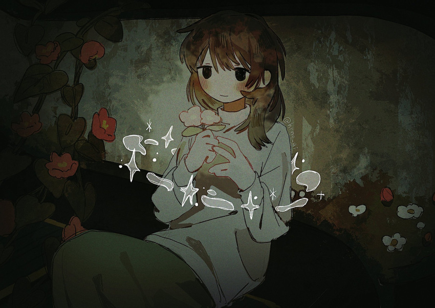 1girl, black_eyes, blush, brown_hair, flower, green_skirt, hair_over_shoulder, highres