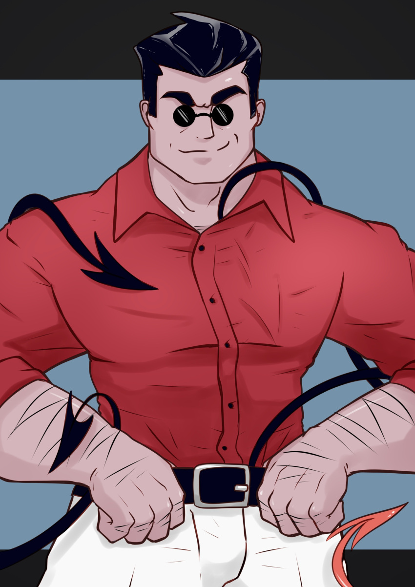 1boy, arm_hair, belt, black_belt, black_hair, blue_background, byhandsofthedragon, demon_tail, helltaker, helltaker_(character), highres, looking_at_viewer, pants, red_shirt, round_eyewear, shirt, smug, sunglasses, tail, tail_wrap, white_pants