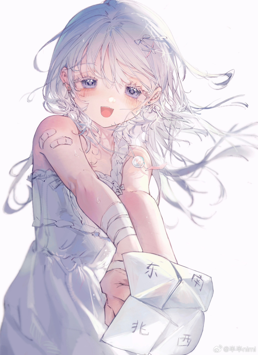 1girl, :d, banbanimi, bandaged_arm, bandages, bandaid, bandaid_on_arm, bare_shoulders