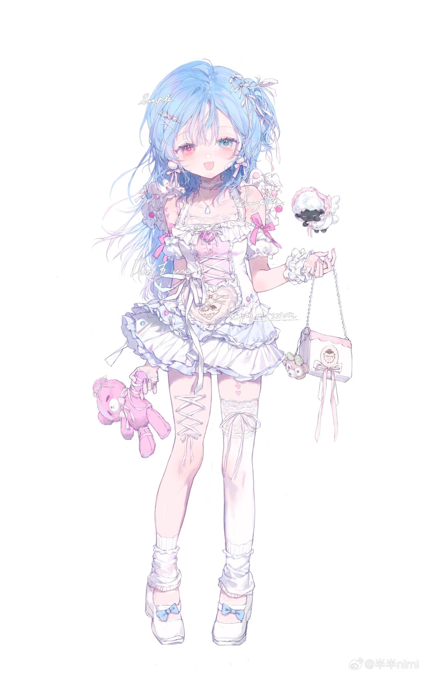 1girl, absurdres, bag, banbanimi, blue_eyes, blue_hair, bow, braid
