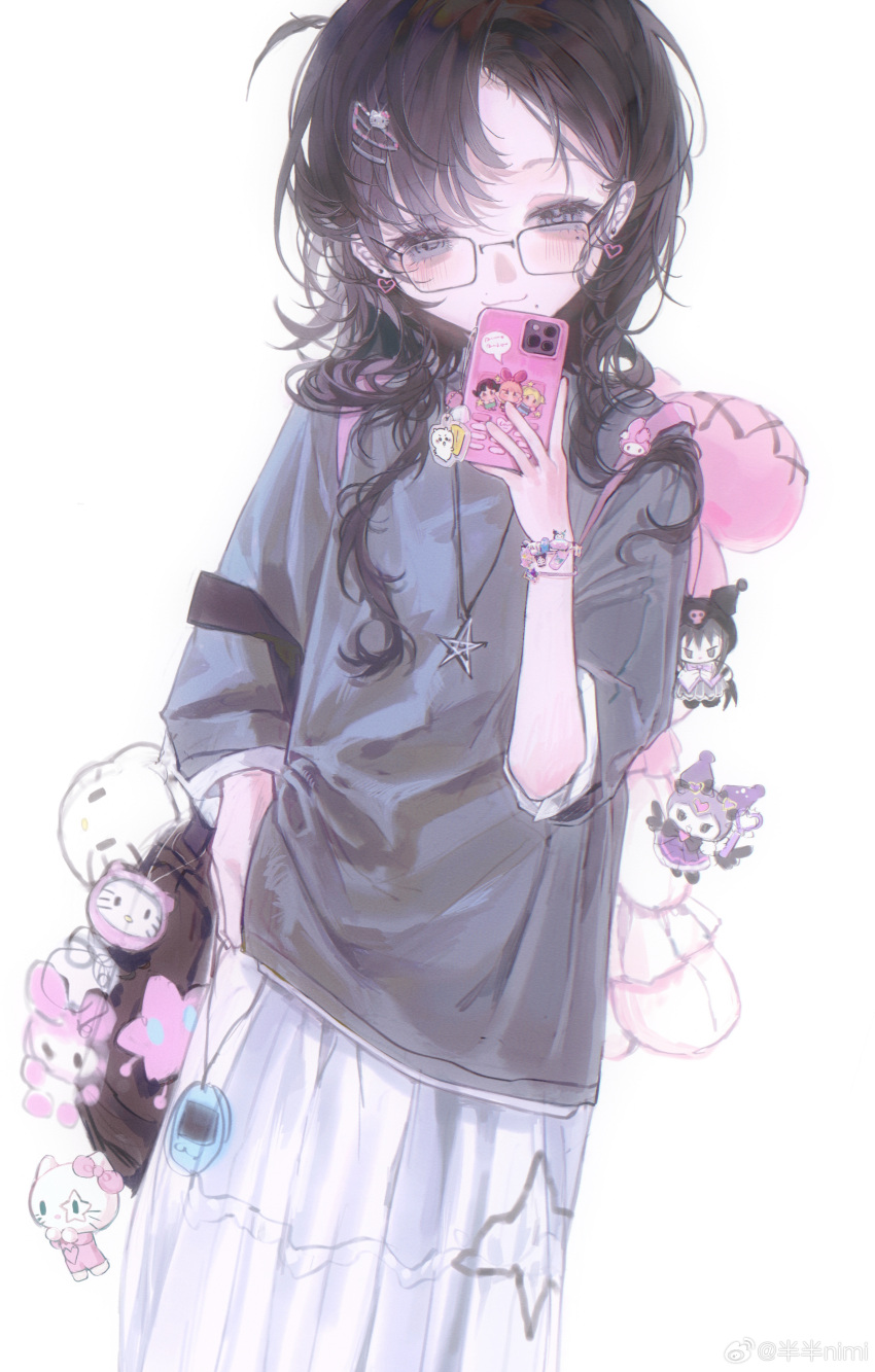 1girl, absurdres, bag, banbanimi, black_hair, bracelet, cellphone, charm_(object)
