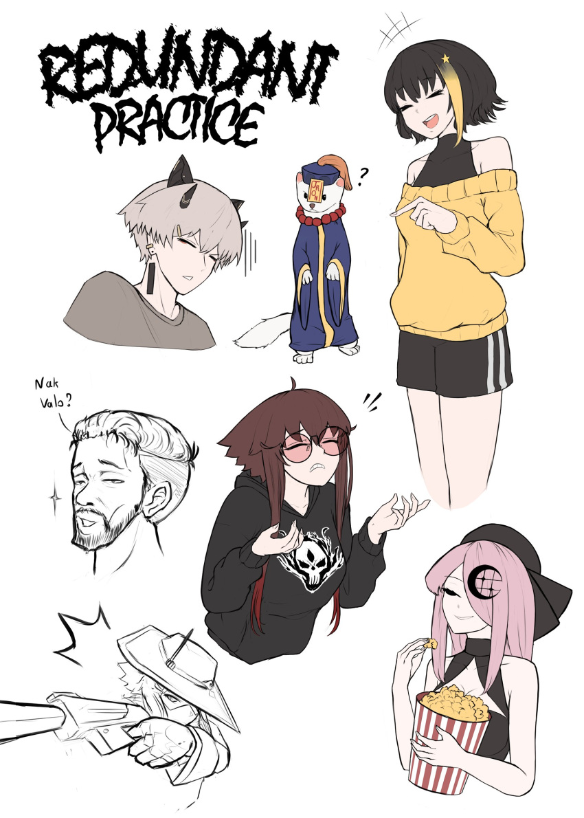 2boys, 3girls, ?, absurdres, animal_ears, black_hair, black_hoodie, blonde_hair