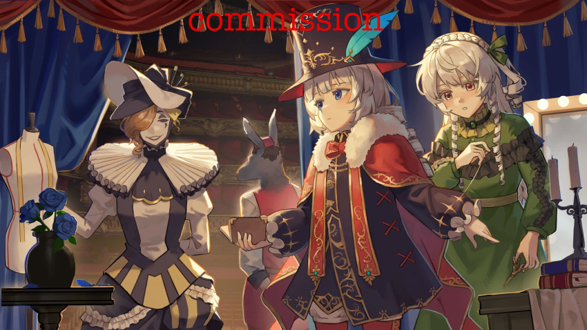 1boy, 1other, 2girls, animal_head, arms_behind_back, backstage, black_dress, black_hat