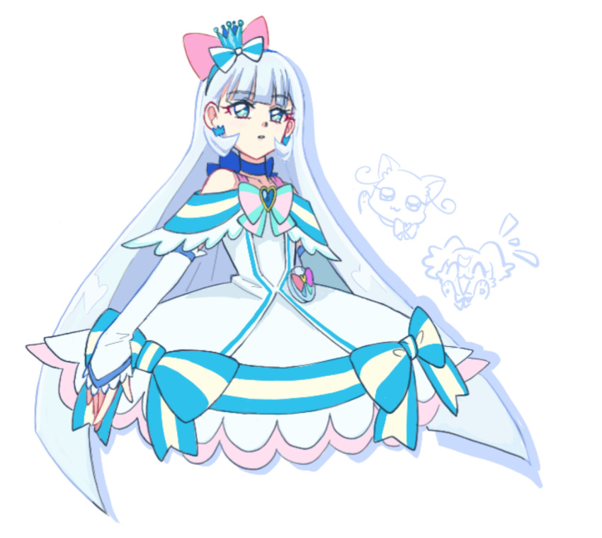 1girl, :3, ^_^, animal_ear_hairband, animal_ears, aqua_bow, arm_warmers, bare_shoulders