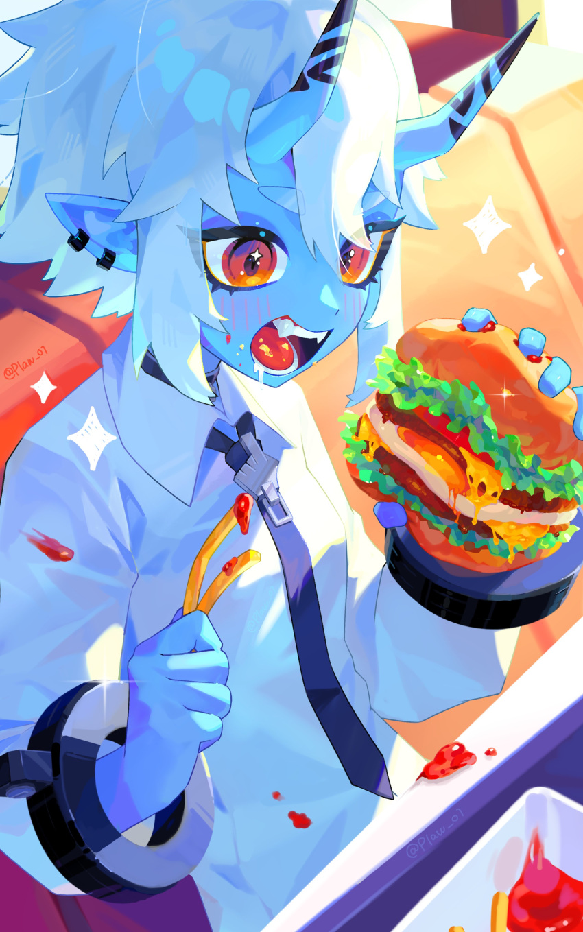 1girl, absurdres, black_necktie, blue_skin, blush, booth_seating, breasts, burger, cheese, colored_skin, commentary_request, demon_girl, demon_horns, double-parted_bangs, drooling, ear_piercing, eating, eyelashes, fangs, fast_food, food, food_on_clothes, food_on_face, french_fries, hair_between_eyes, highres, holding, holding_burger, holding_food, horns, ketchup, lettuce, long_sleeves, looking_at_food, mouth_drool, n._(plaw_01), necktie, open_mouth, orange_eyes, piercing, pointy_ears, short_hair, sidelighting, sidelocks, simple_background, sitting, skin-covered_horns, small_breasts, solo, soukaku_(zenless_zone_zero), sparkling_eyes, table, teeth, tongue, tray, twitter_username, upper_body, white_background, white_hair, zenless_zone_zero