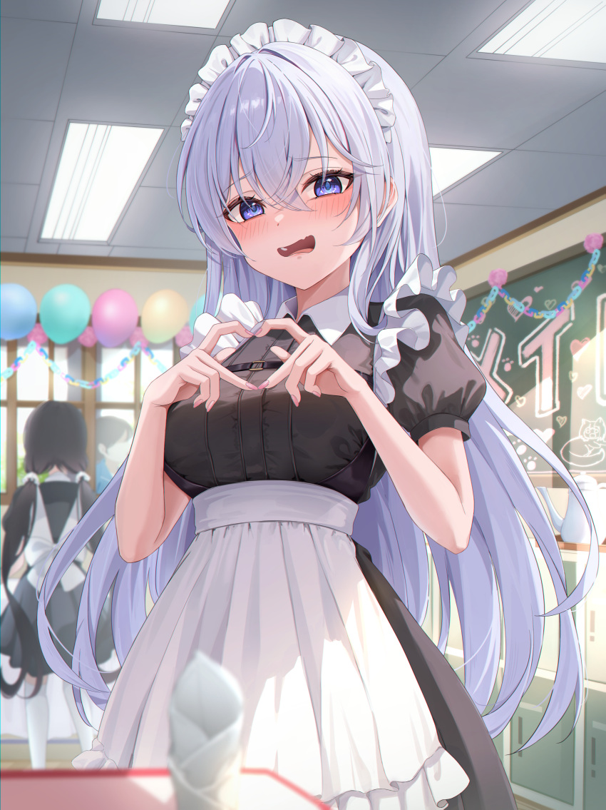 2girls, absurdres, apron, balloon, black_dress, blurry, breasts, chalkboard