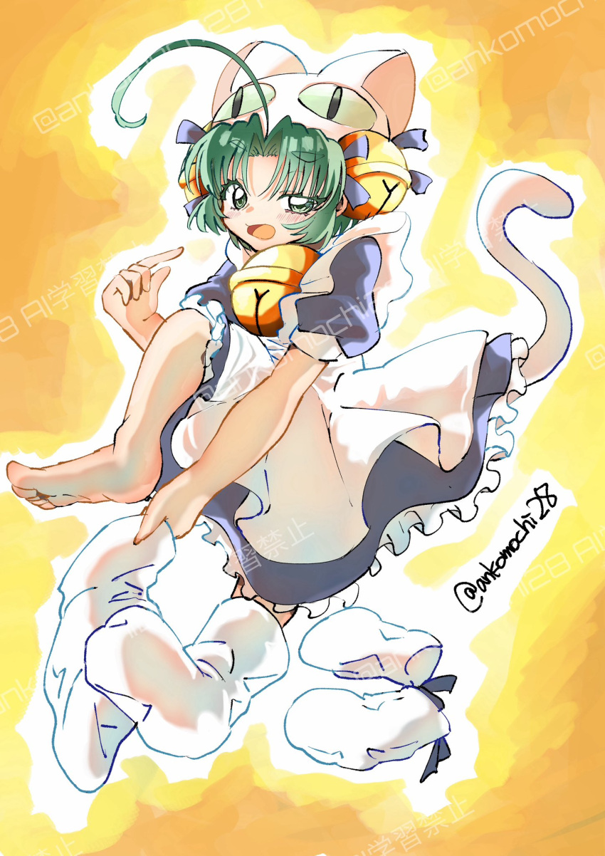 1girl, animal_hat, ankomochi28, apron, bell, blue_dress, cat_hat, cat_tail
