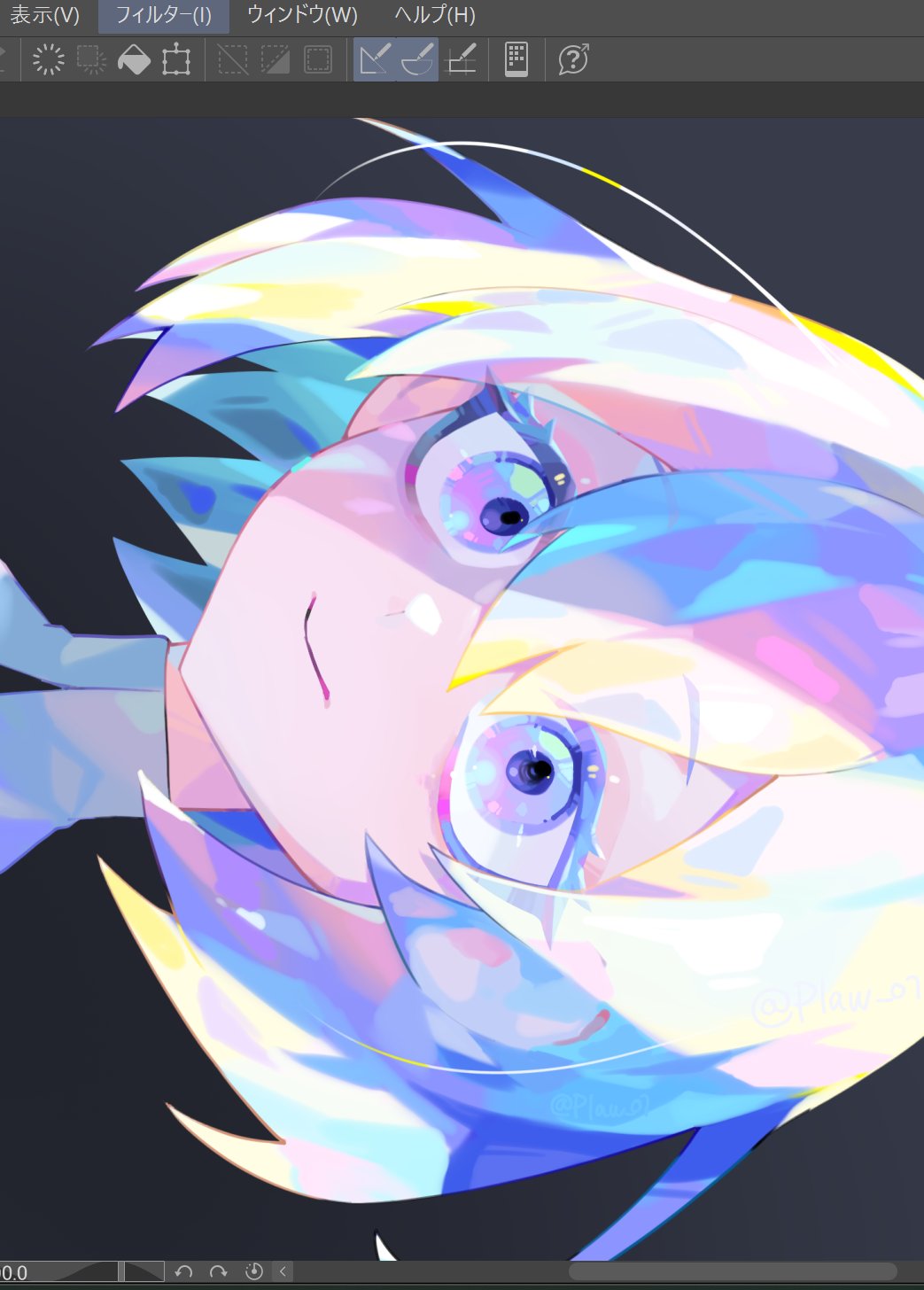 1girl, art_program_in_frame, black_background, blonde_hair, blue_eyes, blue_hair, clip_studio_paint_(medium), close-up, closed_mouth, colored_eyelashes, diamond_(houseki_no_kuni), double-parted_bangs, hair_between_eyes, highres, holographic_hair, houseki_no_kuni, looking_ahead, multicolored_eyes, multicolored_hair, n._(plaw_01), pink_eyes, pink_hair, portrait, rainbow_hair, shirt, short_hair, simple_background, smile, solo, turtleneck, turtleneck_shirt, white_shirt