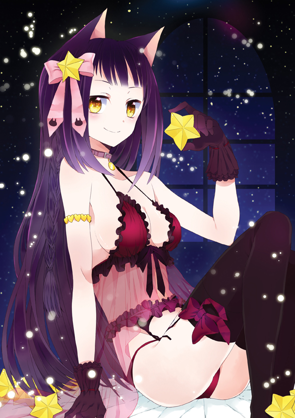 arm_support, baby_doll, babydoll, black_hair, breasts, cleavage, gloves, mirakuruone