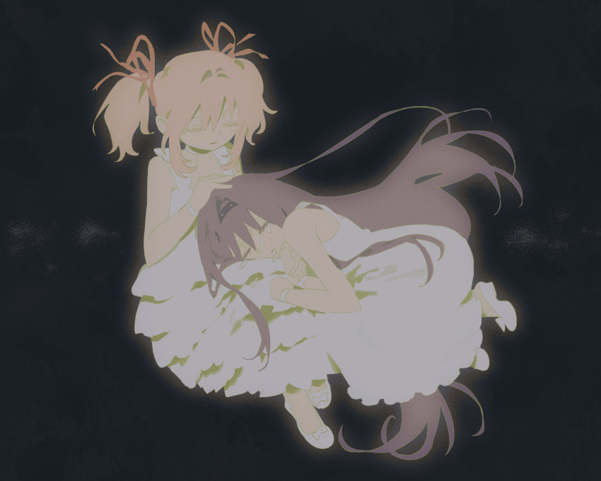 2girls, akemi_homura, black_background, black_hair, closed_eyes, dress, frilled_dress, frills, glowing, hair_intakes, hair_ribbon, hairband, highres, kaname_madoka, lap_pillow, layered_dress, laz_(wancchaco), light_smile, long_hair, mahou_shoujo_madoka_magica, multiple_girls, pink_hair, ribbon, shoes, short_hair, sitting, sleeping, sleeveless, sleeveless_dress, twintails, white_dress