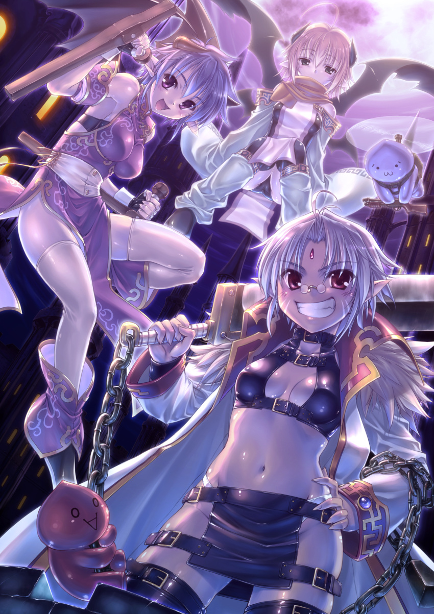 :3, :d, belt, blue_hair, breasts, cape, castle, chain