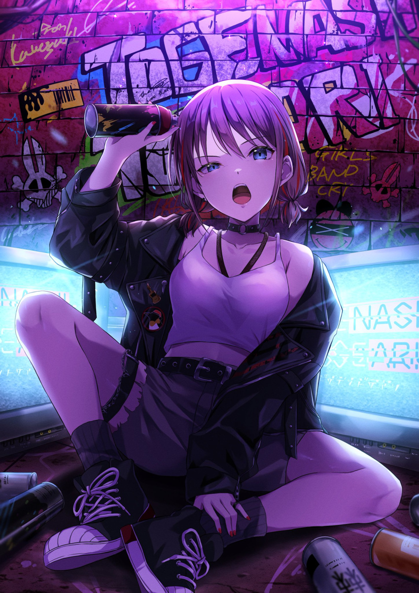 1girl, black_choker, black_jacket, black_shoes, blue_eyes, breasts, brown_hair, choker