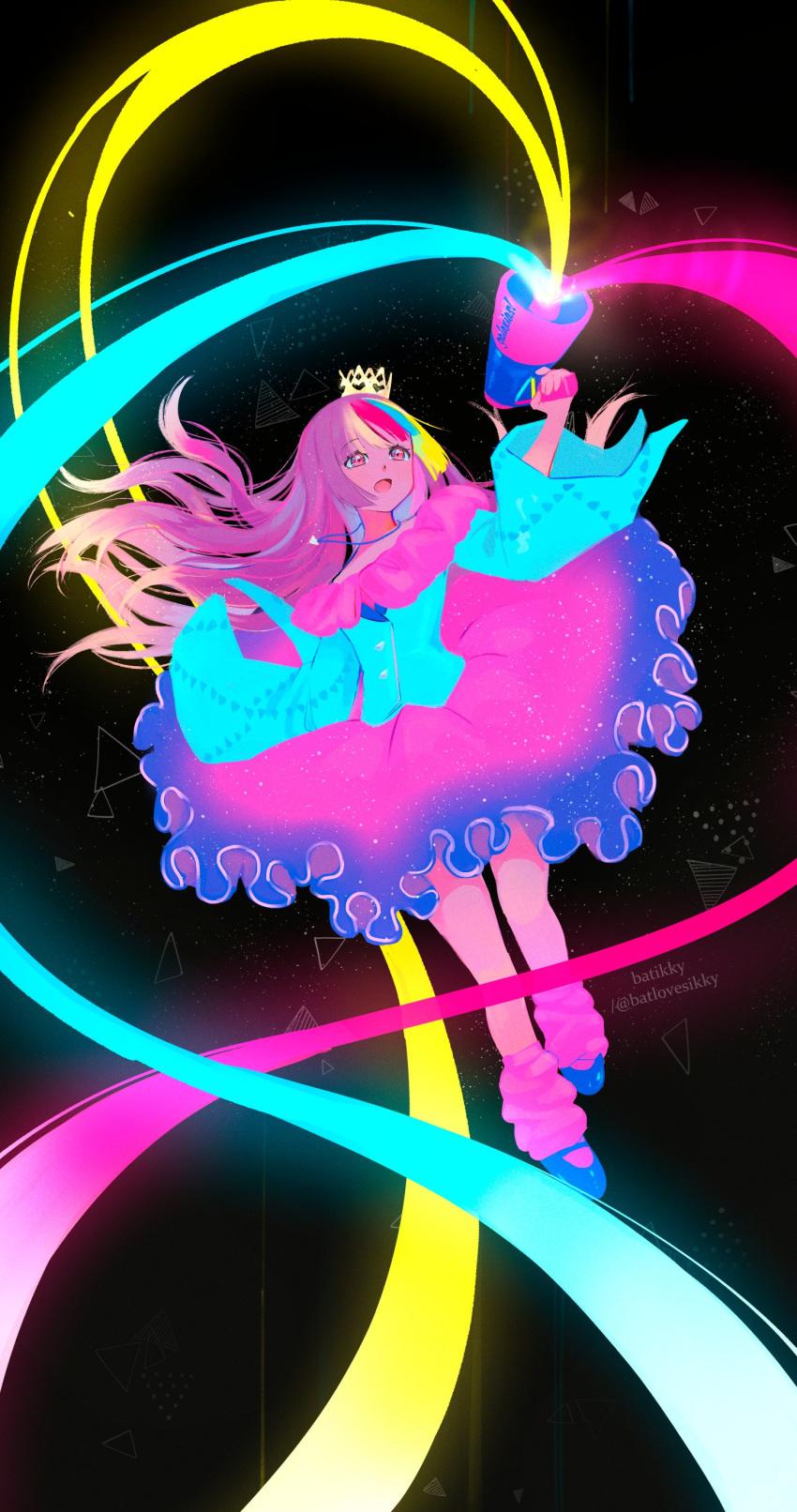 1girl, :d, absurdres, batikky, black_background, blonde_hair, blue_hair, blue_jacket