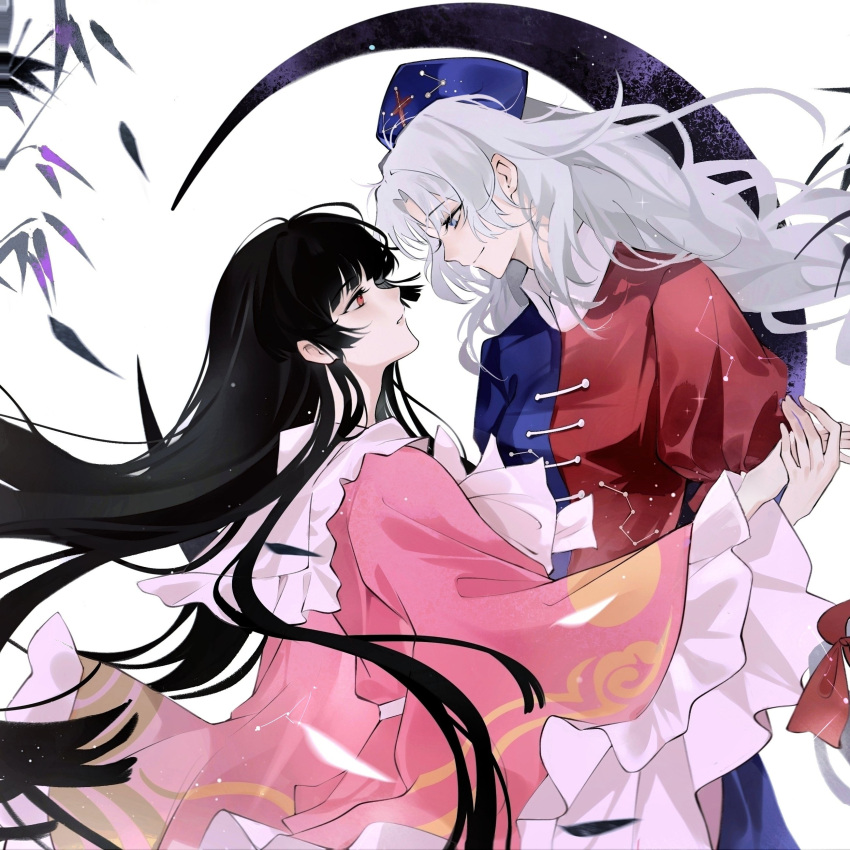 2girls, absurdres, belt, black_hair, blue_dress, blue_eyes, blue_hat, blunt_bangs