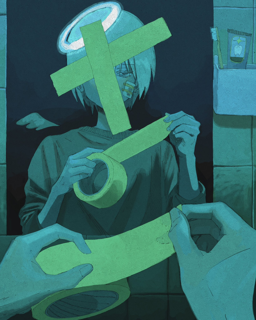 1boy, angel, angel_wings, bandage_on_face, bandages, bathroom, broken_mirror, dim_lighting, green_theme, halo, highres, holding_tape, kojima_midoriko, limited_palette, looking_at_mirror, mini_wings, mirror, one_eye_covered, original, pov, pov_hands, short_hair, tiles, toothbrush, upper_body, white_hair, wings