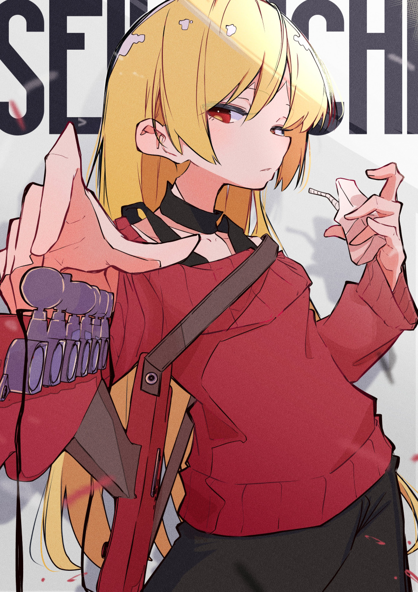 1girl, absurdres, aomoringo, black_choker, black_pants, blonde_hair, bocchi_the_rock!, character_name, choker, cowboy_shot, electric_guitar, film_grain, from_side, grey_background, guitar, hair_between_eyes, highres, holding_carton, ijichi_seika, instrument, long_hair, looking_at_viewer, pants, red_eyes, red_sweater, sideways_glance, simple_background, sweater