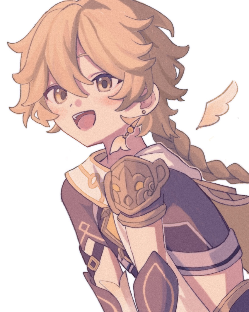 1boy, aether_(genshin_impact), armor, blonde_hair, blush, braid, brown_shirt, detached_wings, earrings, gauntlets, genshin_impact, hair_between_eyes, highres, inuuupaw, jewelry, long_hair, looking_to_the_side, male_focus, meme, midriff, mini_wings, open_mouth, scarf, shirt, short_sleeves, shoulder_armor, simple_background, single_earring, smile, solo, teeth, twitter_rabbit_ears_(meme), white_background, white_scarf, wings, yellow_eyes