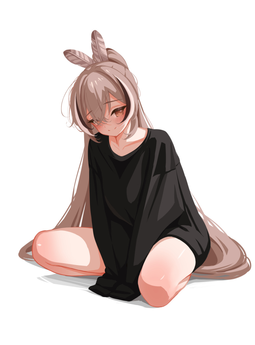 1girl, alternate_costume, arm_support, black_shirt, blush, brown_eyes, brown_hair, closed_mouth