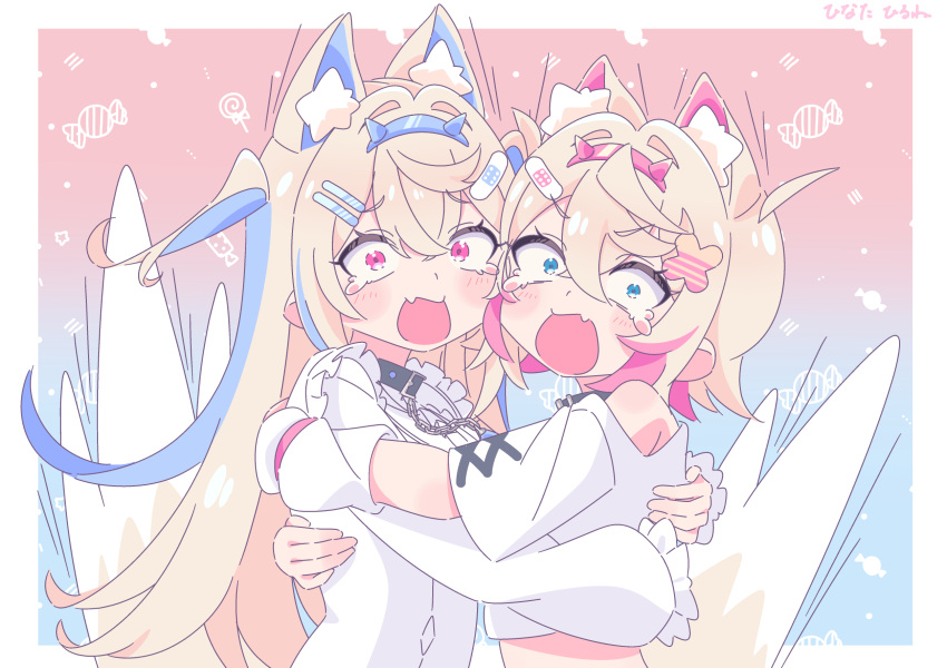 2girls, animal_ear_fluff, animal_ears, bandaid, bandaid_hair_ornament, black_collar, blonde_hair, blue_eyes