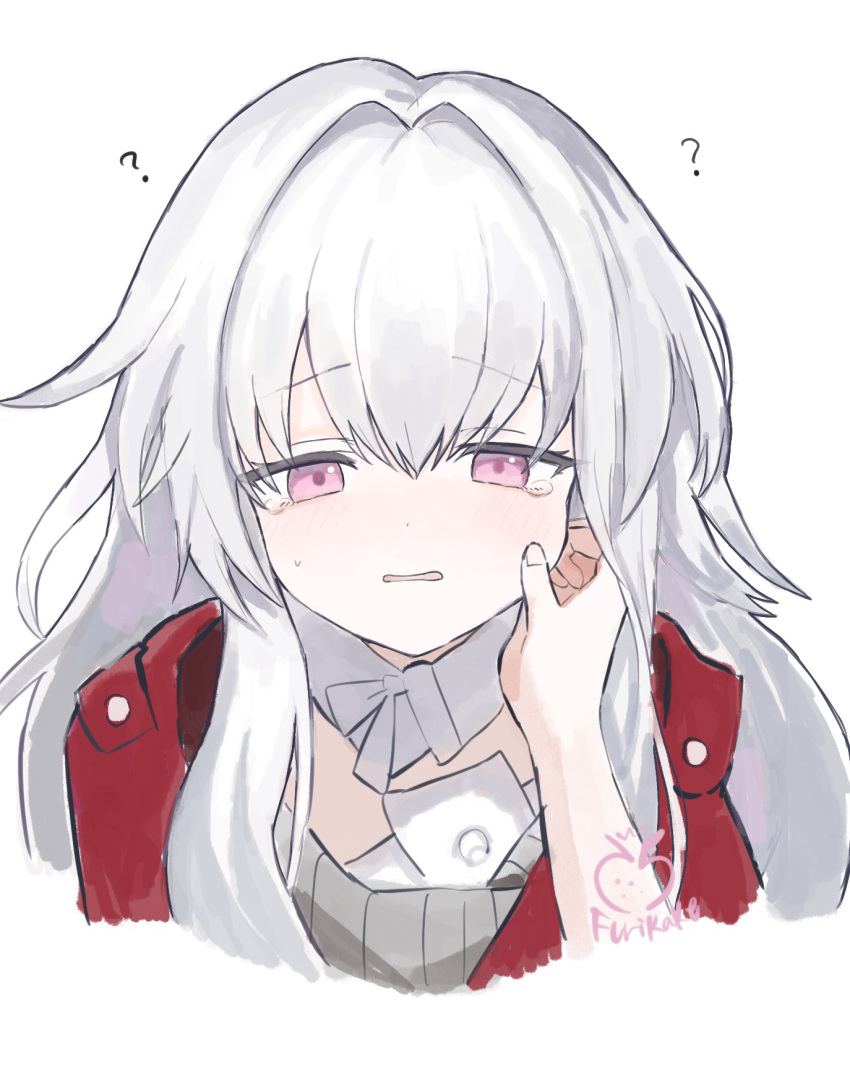 1girl, ?, artist_name, cheek_pinching, clara_(honkai:_star_rail), collar, detached_collar, disembodied_hand, dot_nose, embarrassed, hair_intakes, hand_on_another's_cheek, hand_on_another's_face, highres, honkai:_star_rail, honkai_(series), jacket, komazu_(snake5745), long_hair, parted_lips, pinching, pink_eyes, portrait, red_jacket, signature, simple_background, solo_focus, tearing_up, white_background, white_collar, white_hair