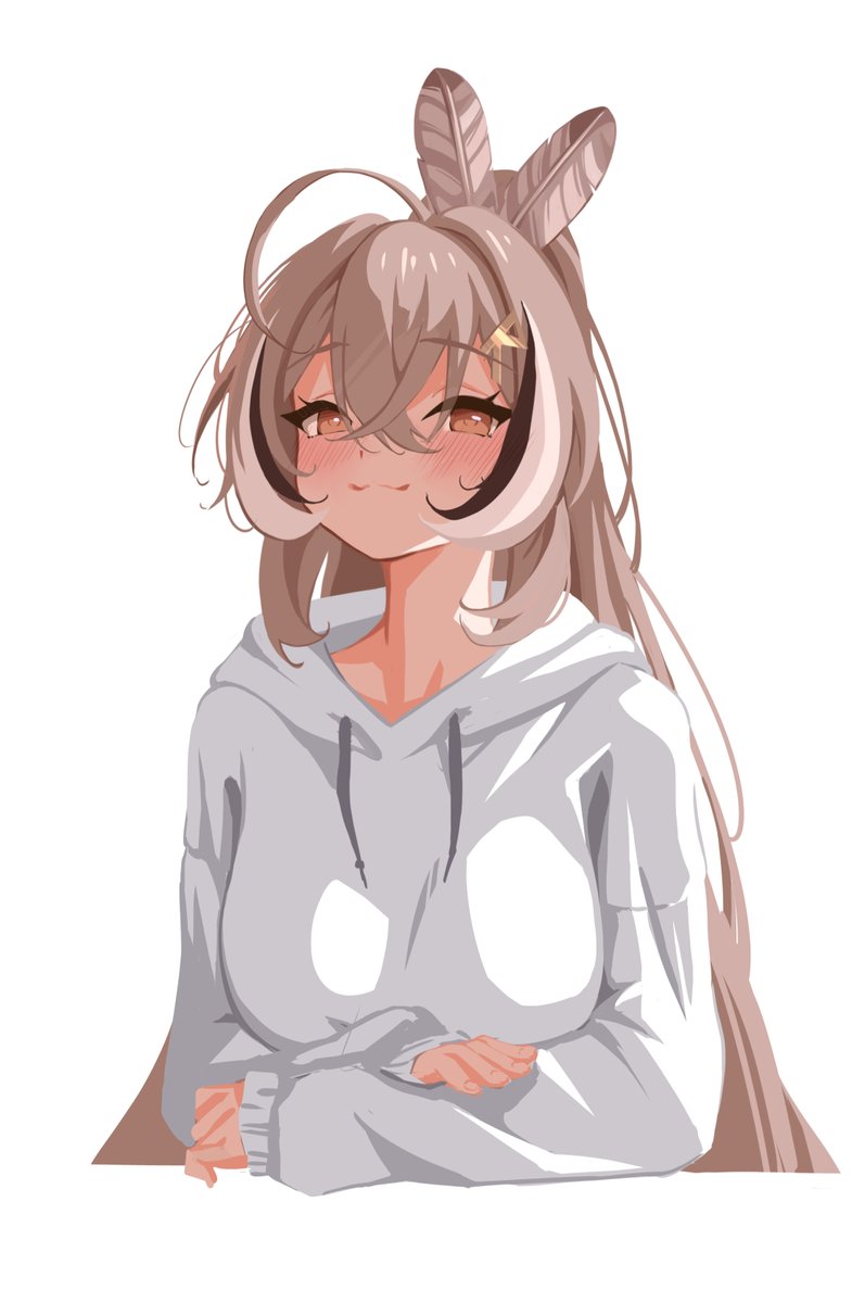 1girl, :3, ahoge, alternate_costume, blush, brown_eyes, brown_hair, closed_mouth
