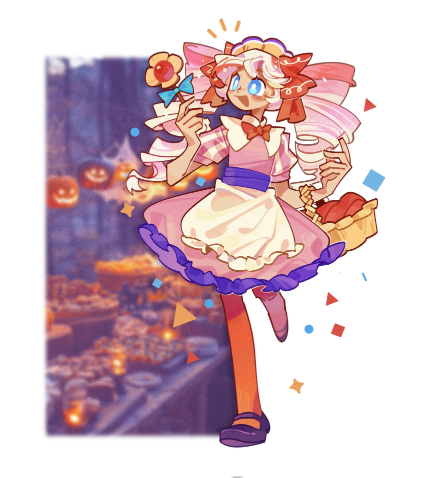 1girl, :d, apron, basket, blue_eyes, bow, bradyclaph83904, bright_pupils
