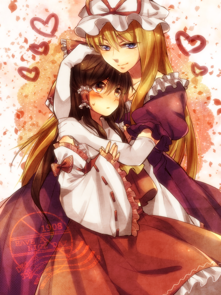 blonde_hair, blue_eyes, blush, bow, brown_eyes, brown_hair, detached_sleeves, elbow_gloves, gloves, hair_bow, hakurei_reimu, hat, hug, long_hair, miko, mk, multiple_girls, postmark, short_hair, stamp, touhou, yakumo_yukari, yuri