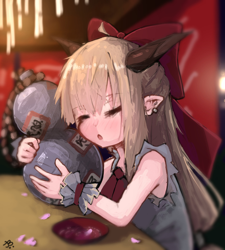 1girl, ahoge, alcohol, ascot, bare_shoulders, blonde_hair, blurry, blurry_background