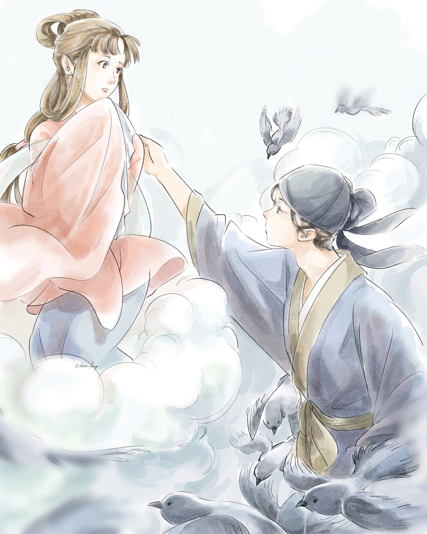 1boy, 1girl, anisatoshii, artist_name, basen_(kusuriya_no_hitorigoto), bird, brown_hair, chinese_clothes