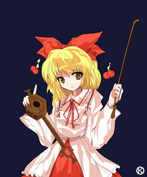 alphes_(style), blonde_hair, erhu, hair_ornament, hair_ribbon, instrument, kaoru_(gensou_yuugen-an), parody
