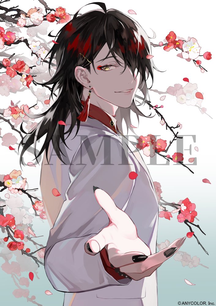 1boy, black_hair, black_nails, branch, copyright_notice, earrings, english_commentary, flower