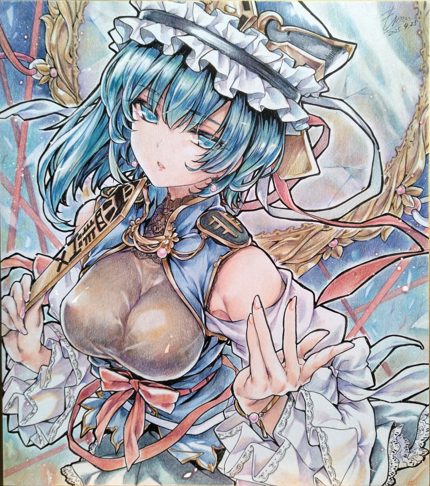 1girl, absurdres, armpit_crease, asymmetrical_hair, bare_shoulders, blue_vest, covered_nipples, epaulettes